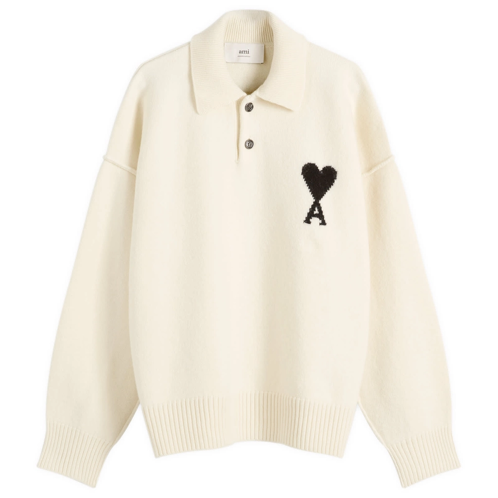 AMI Paris Men's Felted Merino Wool Knit ADC Polo Ecru/Noir